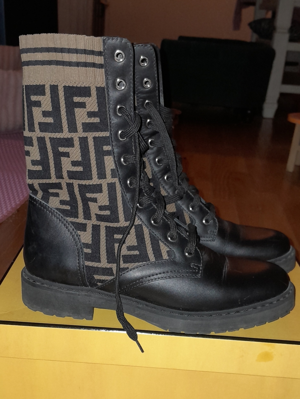 Fendi Black Leather Combat Boots with Brown FF Knit Panels